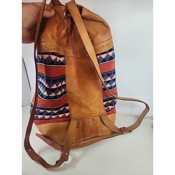 LARGE BACKPACK HAND WOVEN WOOL KILIM TOOLED LEATHER VTG SLING PURSE TOTE BAG main image 4